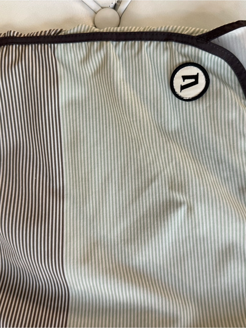 Vuori Men's Pinstripe Swim Board Shorts in Light Gray and Brown Trim